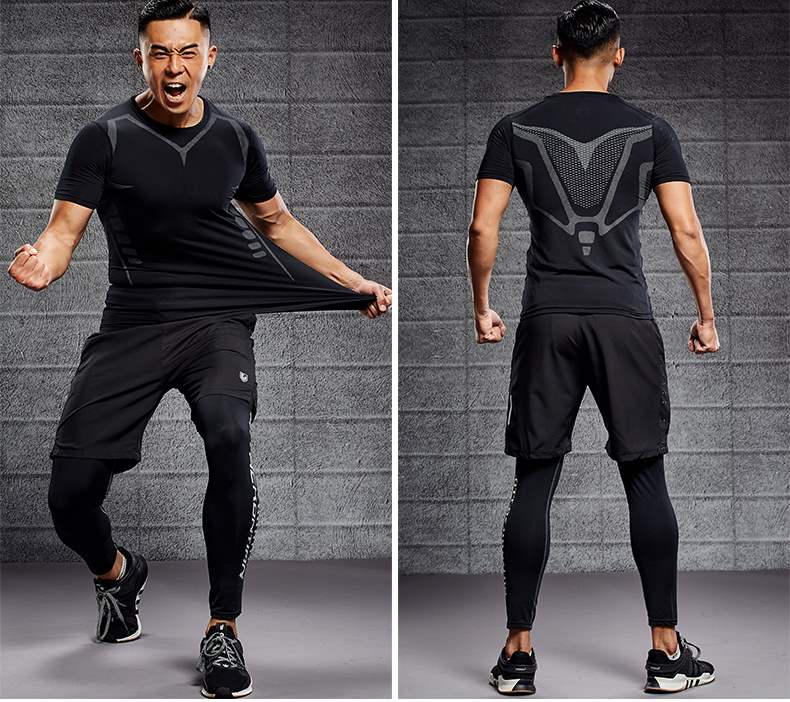 Quần áo tập thể dục quần bó nam tập gym ba mảnh chạy nhanh quần áo thể thao phù hợp với buổi sáng chạy bộ quần áo mùa hè - Quần áo tập thể hình quần short tập gym nữ