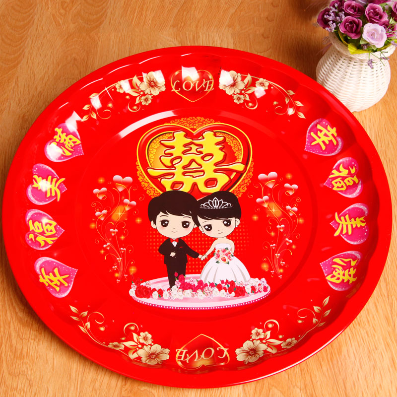 Wedding Celebration Items Bride Dowry stainless steel big red Festive Fruits Pan Wedding Toast to Tea Cup Grand Tray Tea Tray