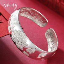 Winy9999 sterling silver bracelet female peony flower foot silver bracelet to send mother grandmother middle-aged wide silver bracelet silver ornaments