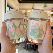 Tulip Mesh Red Water Glass Ins Girls High Face Value Straw Portable Cups Double Drinks Glass Cups Students Little Fresh