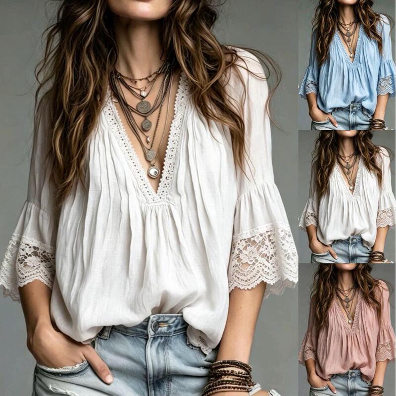 New Amazon Temu Aliexpress European and American Style Lace Patchwork V-Neck Shirt in White, Sky Blue, and Pink Solid Colors New Amazon Temu Aliexpress European and American Style Lace Patchwork V-Neck Shirt in White, Sky Blue, and Pink Solid Colors