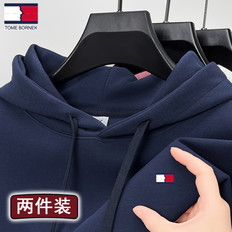 Tommy Hilfiger Spring and Autumn Long-Sleeve Sweatshirt for Men, Hooded Pullover, Pure Cotton, Loose Fit, Large Size, Solid Color Base Shirt