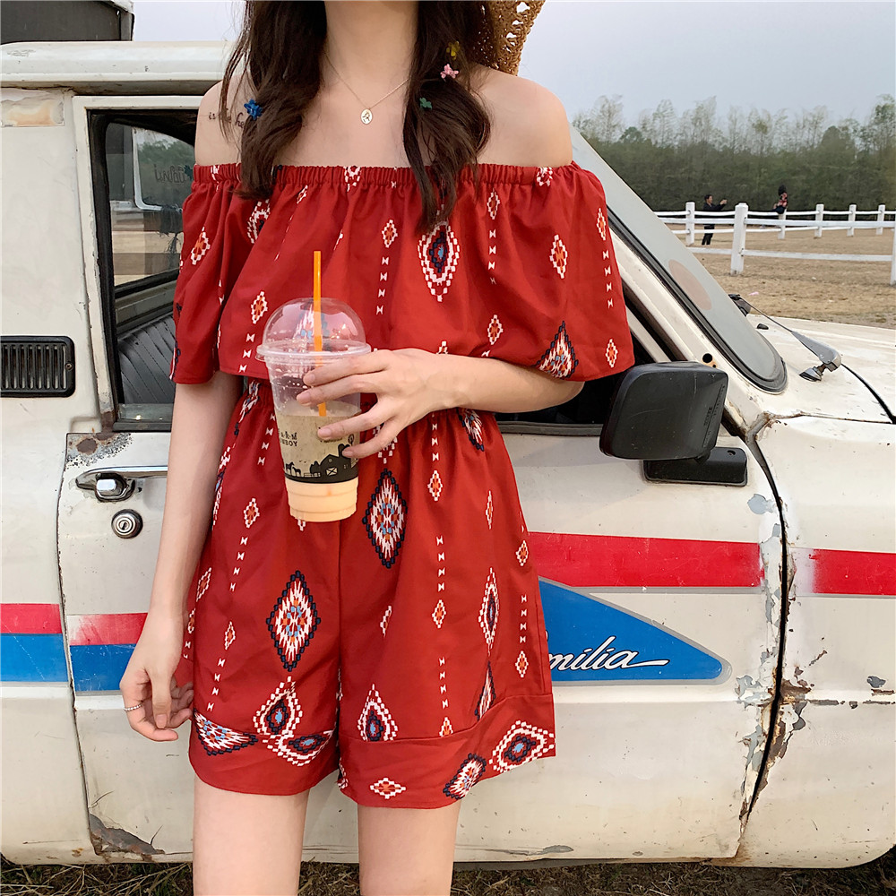 VK旗艦店 韓系一字領荷葉邊連身褲套裝短袖褲裝