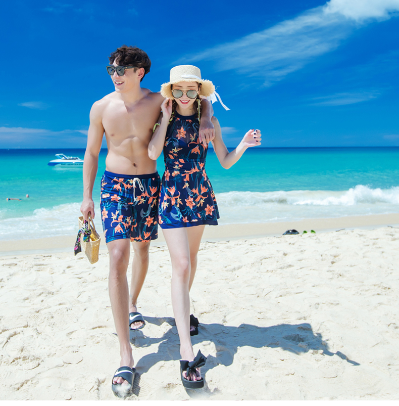Cặp đôi đồ bơi bảo thủ một mảnh kiểu váy phẳng góc bụng giảm béo thép tấm tụ tập ngực nhỏ nữ áo tắm nam quần đi biển 	đồ đôi đi biển màu trắng	