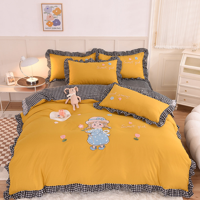 Net red princess wind bed skirt four-piece girly heart pure cotton cotton bed sheet quilt cover cute little girl embroidery quilt cover