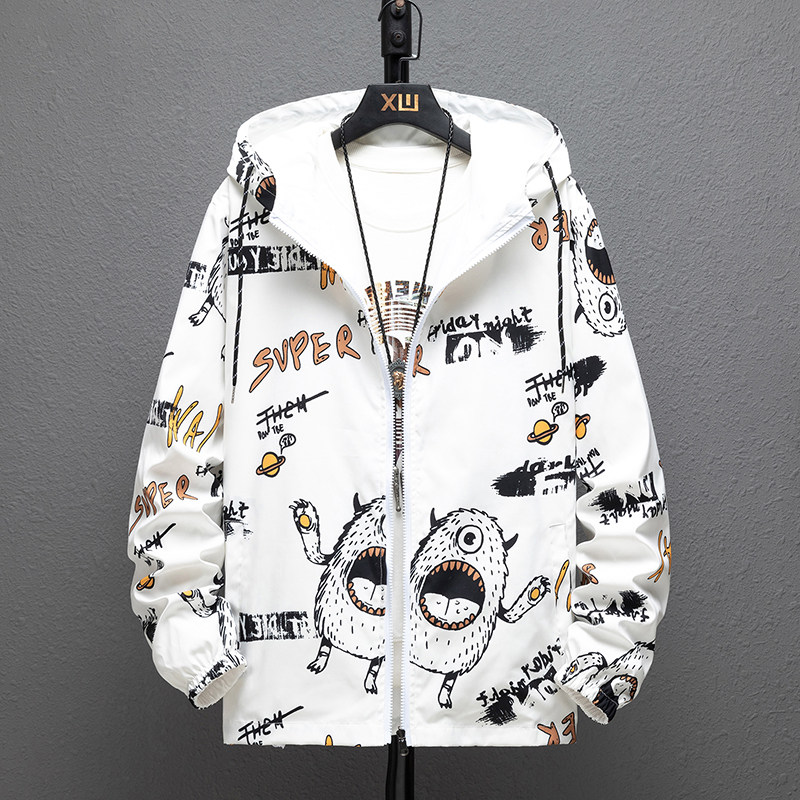 2021 New Spring Autumn Men's Clothing Windproof Jacket Teen Bilayer Hat Jacket Sports Korean Version Trend Printed Blouse