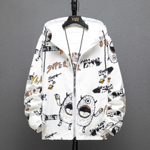 2021 New Spring and Autumn Mens Windproof Jacket Teen Double Layer Hood Jacket Sport Korean Edition Trend Print Top