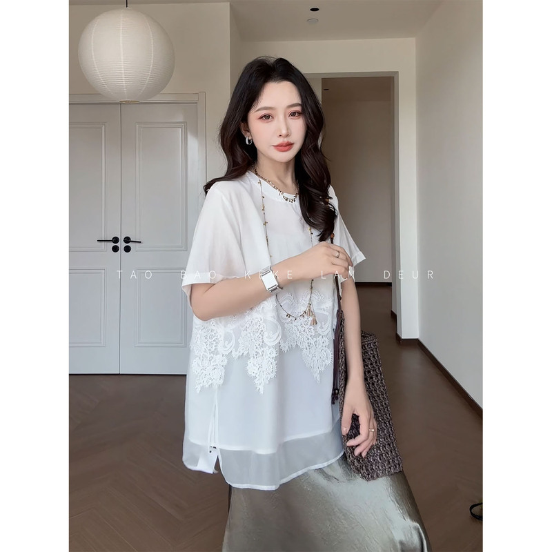 Jiujiu【Nanzhi Xuyuan】High-End Custom Series Heavy Lace Elegant Short-Sleeve Shirt with Structured Shoulders