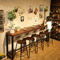 American solid wood household bar table and chair Milk tea shop wall bar table Retro Wrought iron high foot table and chair group