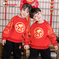 Snoopy childrens clothing boys and girls fleece sweater winter clothing childrens Chinese style thickened red tops New Years clothing trend