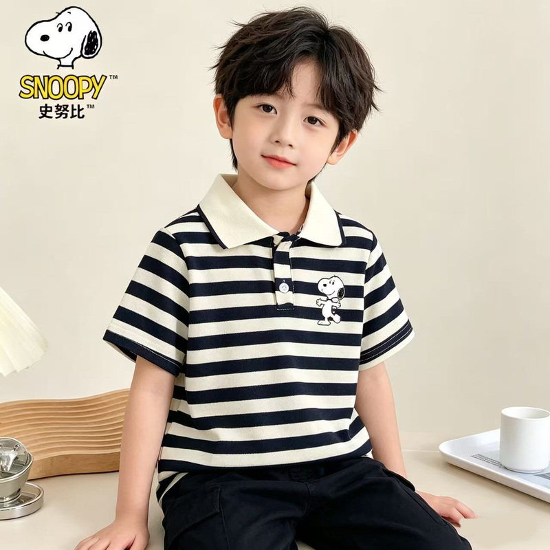Snoopy White Striped Polo Shirt for Boys and Girls, Short-Sleeved, Thin Summer Style, Medium and Large Children's Summer Clothing, Stylish Children's T-Shirt