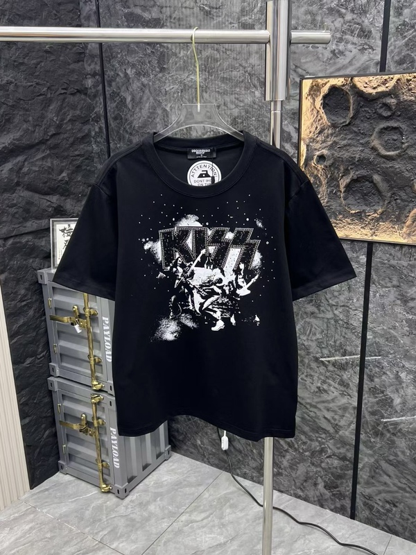 Guangzhou Version of the Popular Kiss Band Rhinestone Luxury Short-Sleeve Retro D2 Letter Print Couple's Pure Cotton T-Shirt for Men and Women