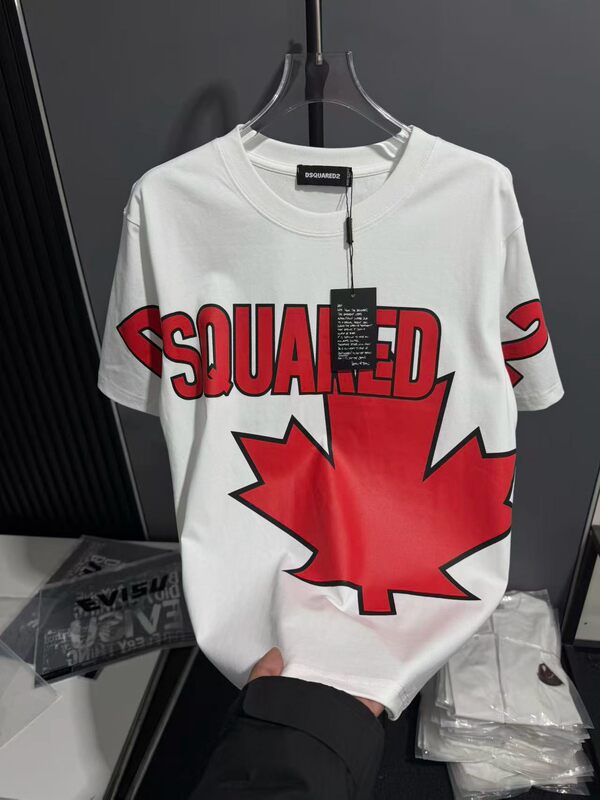 Popular Luxury Fashion Brand Short-Sleeve Men's Round-Neck Couple's Pure Cotton T-Shirt D2 Red Maple Leaf Print Letter Couple's Half-Sleeve