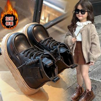Girls' Boots 2025 Autumn and Winter New Style British Style Fleece-Lined Cotton Shoes Kidsren's Leather Boots Short Boots Boys' Genuine Soft Leather Boots