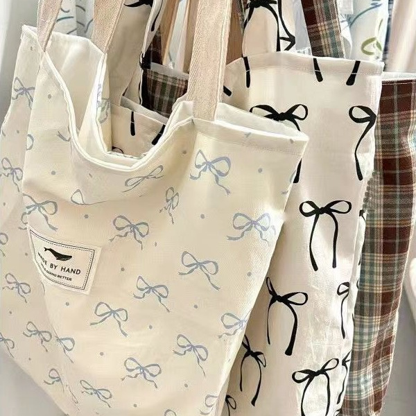 Spring and Summer Korean Style ins Bow-Knot Zipper Canvas Bag Student Retro Large-Capacity Tote Bag Shoulder Bag