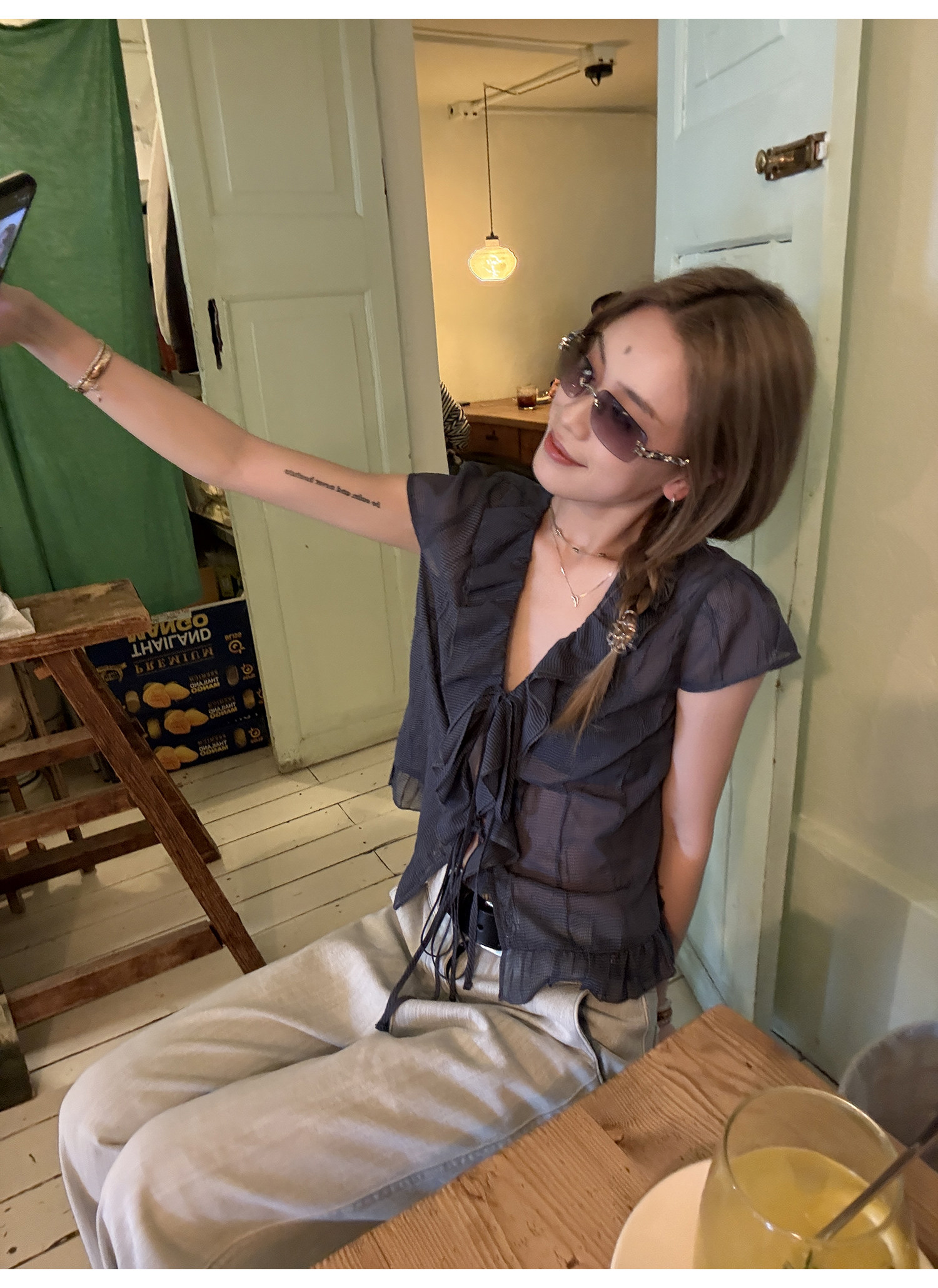 Рубашка с коротким рукавом с охлаждающим эффектом и помятым дизайном, серо-синяя клетчатая блузка, женская летняя одежда 2025