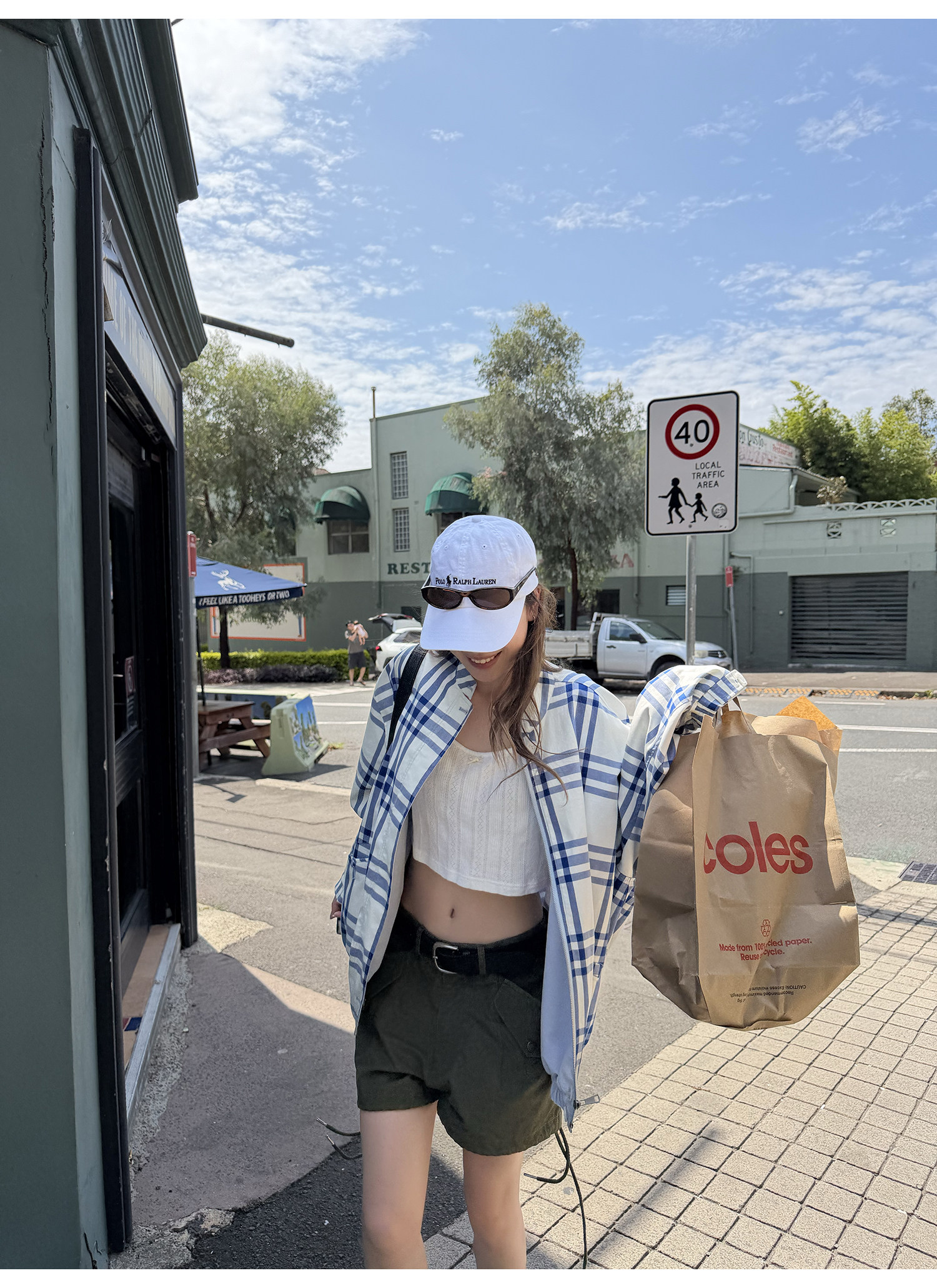 LelyMooch Двусторонняя хлопковая куртка в шотландскую сине-белую клетку с воротником-стойкой средней длины Baby синего цвета