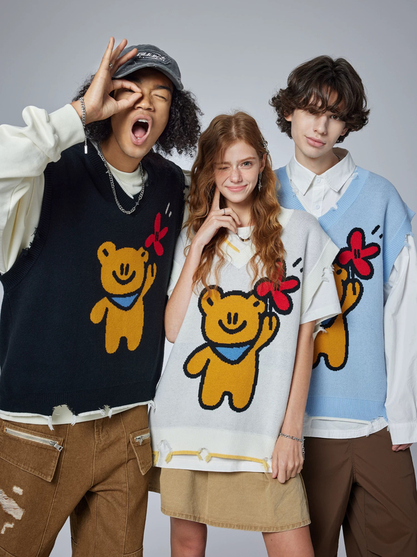Xiao He's Same Style Agaho Collaboration Couple Sweater Vest, Men's Bear V-Neck Vest, Women's Loose Cartoon Knitwear