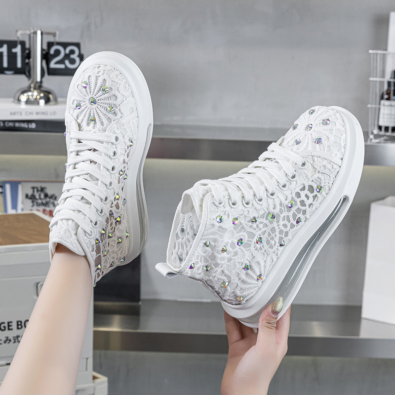 2025 New Style Rhinestone Mesh Hollow High-Top Sandals for Women, Thick-Soled Lace Mesh White Shoes, Casual Mesh Shoes