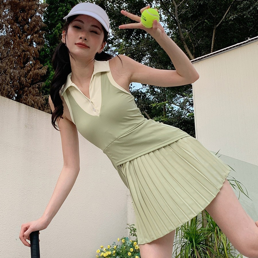 Golf Outdoor Tennis Libra Dress Nude Sensation Sport Pleura Skirt two sets Turned Collar Dug shoulder No sleeves Removable Chest Cushion-Taobao