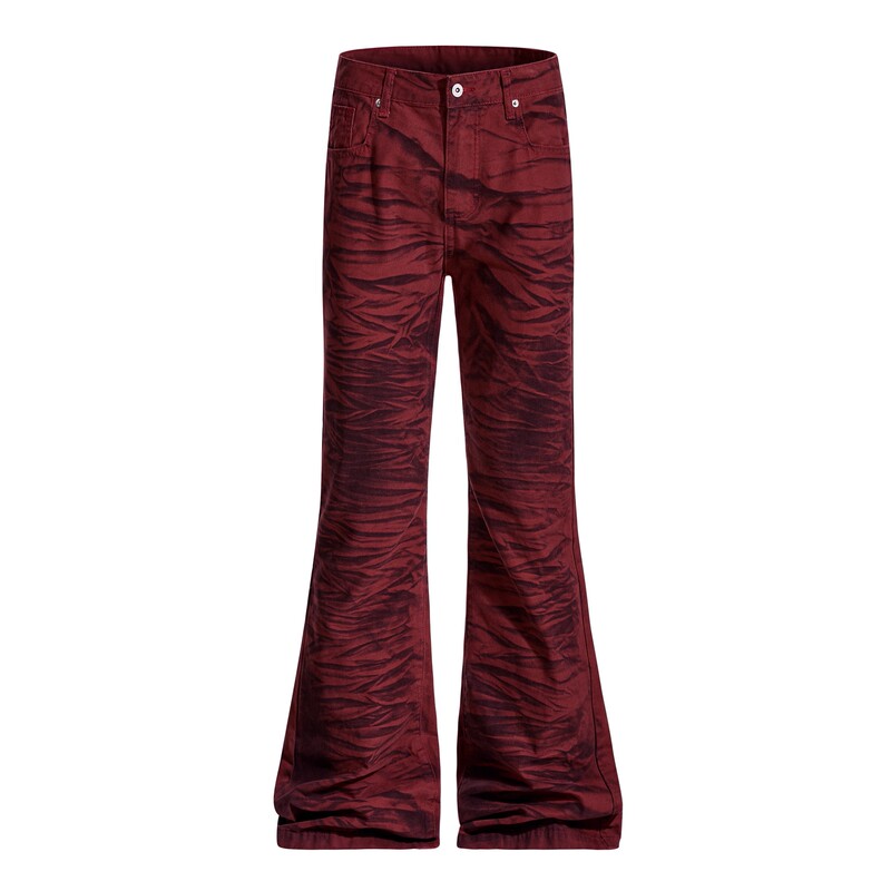 Red Tiger Print Retro Flared Jeans for Men and Women, American High Street Vibe Style Bell-Bottom Pants, Trendy