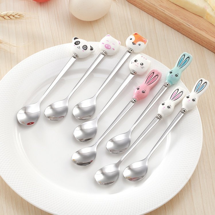 Cá tính sáng tạo gốm xử lý cà phê hoạt hình dễ thương muỗng thép không gỉ dài xử lý trộn muỗng muỗng muỗng - Cà phê bình pha cà phê moka điện