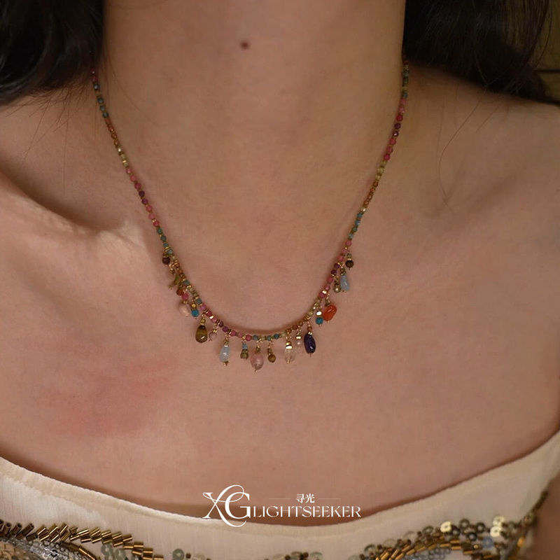 [Seeking Light] Bohemian Style Colorful Natural Stone Handmade Beaded Women's Necklace Dopamine High-End Clavicle Chain