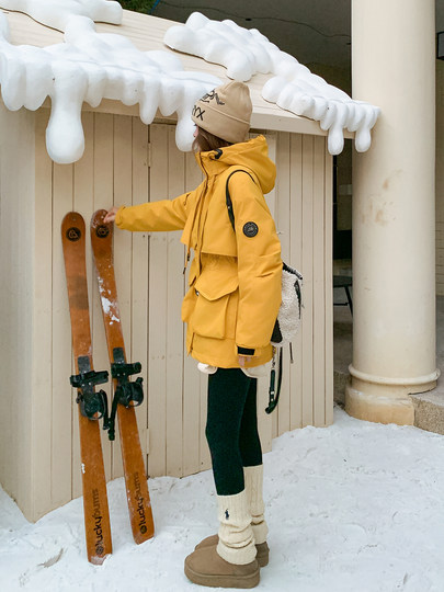 Yellow Workwear Style White Duck down Jacket for Women, Winter 2025 New Korean Design Hooded Warm Parka