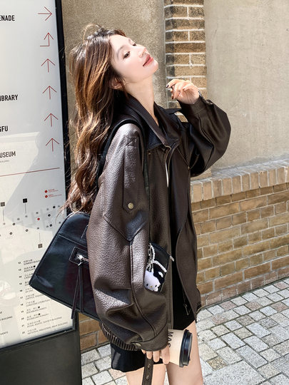 American retro brown leather jacket for women 2025 new autumn small design fashionable street motorcycle jacket