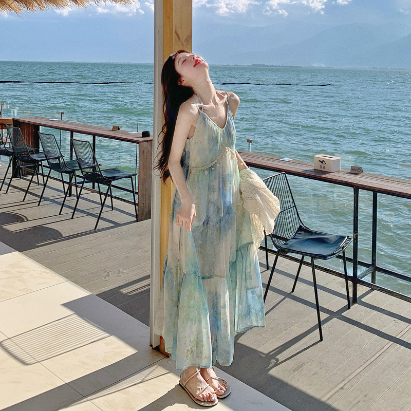 French-Style Stunning Gradient Dress Set for Women, 2026 Summer New Style, Very Beautiful Seaside Vacation Style Spaghetti Strap Long Dress French-Style Stunning Gradient Dress Set for Women, 2026 Summer New Style, Very Beautiful Seaside Vacation Style Spaghetti Strap Long Dress