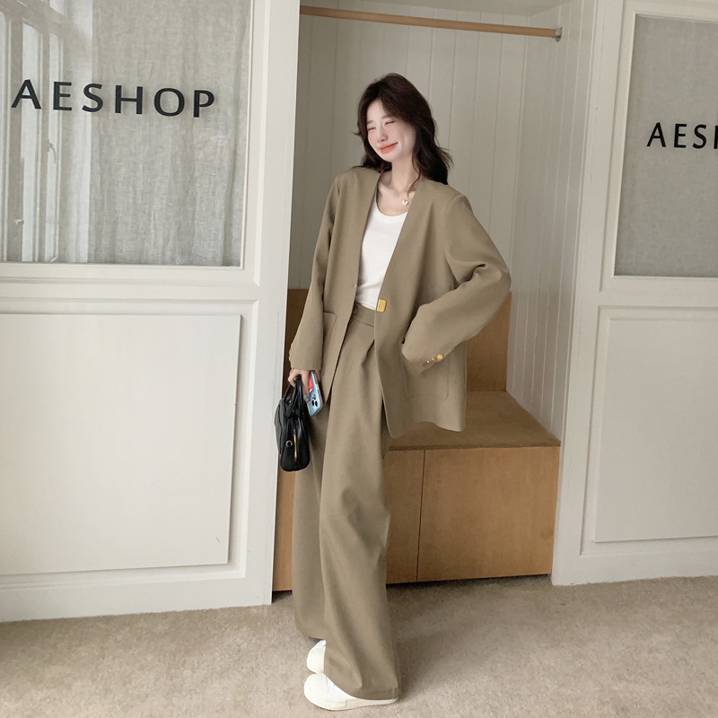 Khaki High-End Suit Set for Women 2026 Spring and Autumn New Korean Style Light Mature Casual Wide-Leg Pants Two-Piece Set