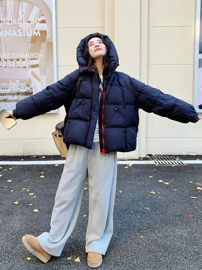 Navy Blue Short down Jacket for Women, 2025 Winter New Korean Style Casual Hooded 90% White Duck down Thickened Puffer Jacket