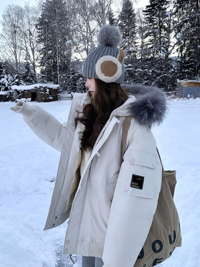 Off-White Parka down Jacket for Women, Thickened with Large Fur Collar, 2025 Winter New Style, Hooded, Trendy Workwear, Outdoor Goose down Jacket