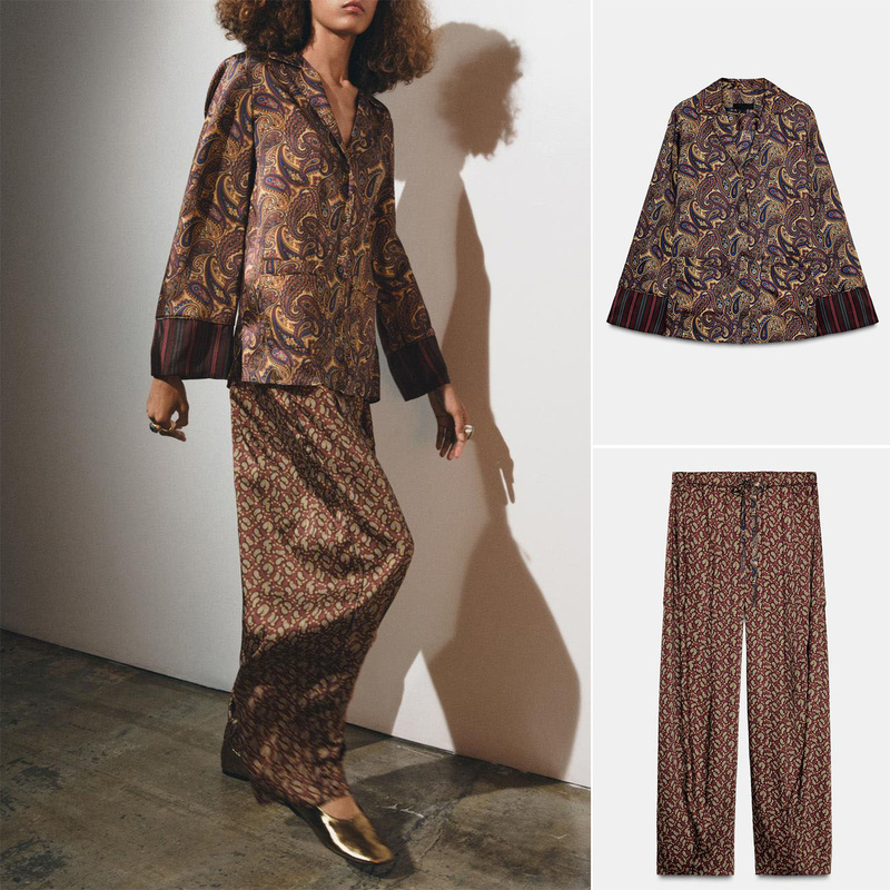 Lapel Long-Sleeved Paisley Pajama-Style Shirt 9062092 Mid-Waist Paisley Print Trousers 9061091