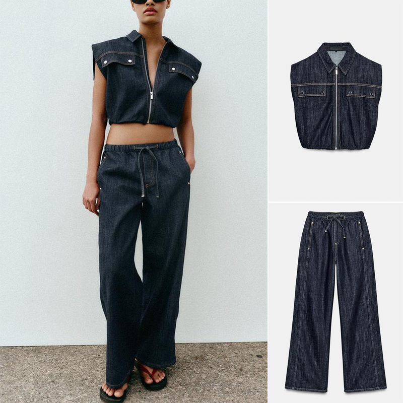 Sleeveless Turn-Down Collar Puffy Denim Vest 4083031 Mid-Waist Casual Wide-Leg Jogger Jeans 4083032