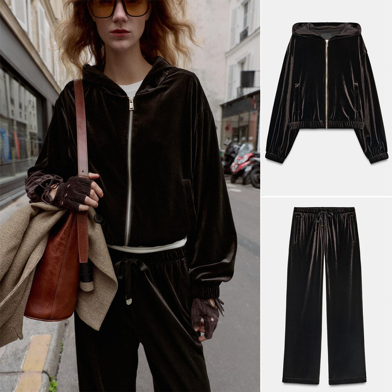 Pocket-Trimmed Long-Sleeved Hooded Velvet Jacket 4745223 Lace-Up High-Waisted Wide-Leg Trousers 4745224 Pocket-Trimmed Long-Sleeved Hooded Velvet Jacket 4745223 Lace-Up High-Waisted Wide-Leg Trousers 4745224