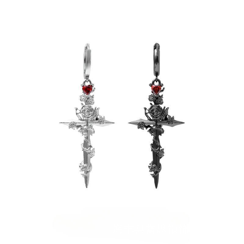 Forbidden Rose Holy Symbol Knight's Cross 925 Silver Needle Earrings Niche Design Ear Clips Unisex Style Earrings for Men and Women