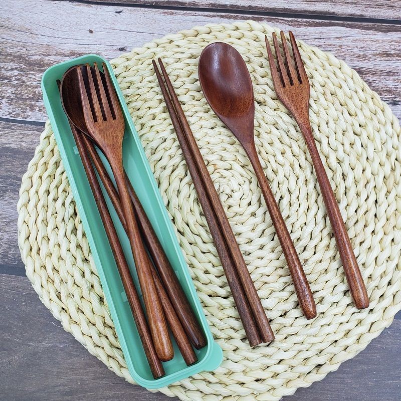 Nanmu Portable Tableware Set Wooden Spoon Wooden Chopsticks Wooden Fork Solid Wood Adult Large Wooden Tableware Set