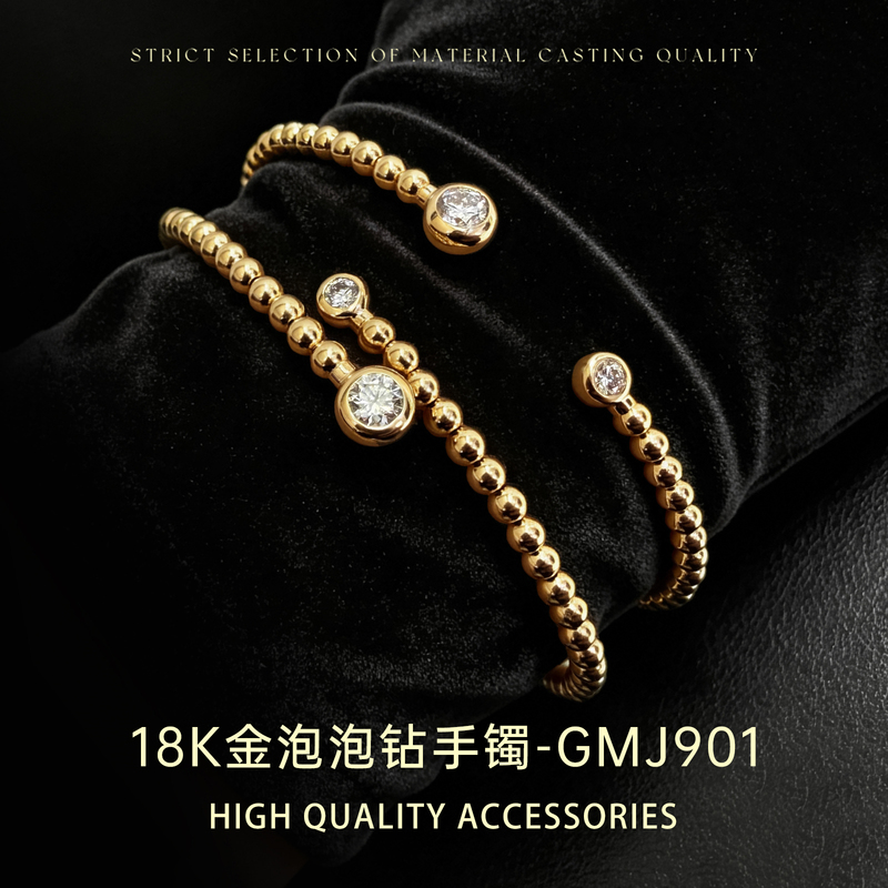 Zhenyi 18K Gold Bubble Diamond Bracelet for Women, Light Luxury Beaded Bracelet with Diamond Beads, Elastic Bracelet