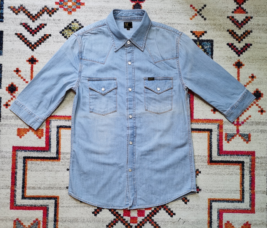 Foreign trade Japanese single le men's denim self-cultivation blue old-fashioned retro five-point sleeve shirt summer shirt A00111