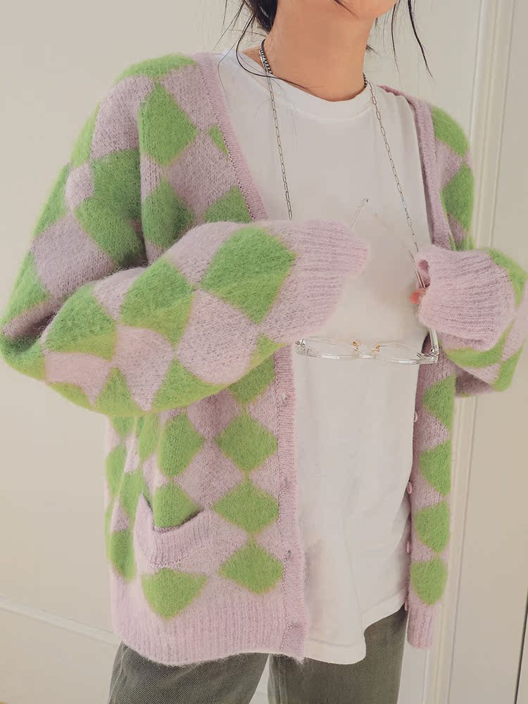 螞蟻阿宅.100%☆韓國代購官網正品支持驗證☆stylenanda-時尚百搭甜美菱格紋長袖針織外套( 預購)3色