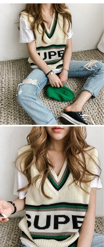 Mùa xuân mới của phụ nữ Hàn Quốc mua Naning9 chính hãng khâu màu tương phản chữ V cổ áo không tay đan váy đầm đẹp