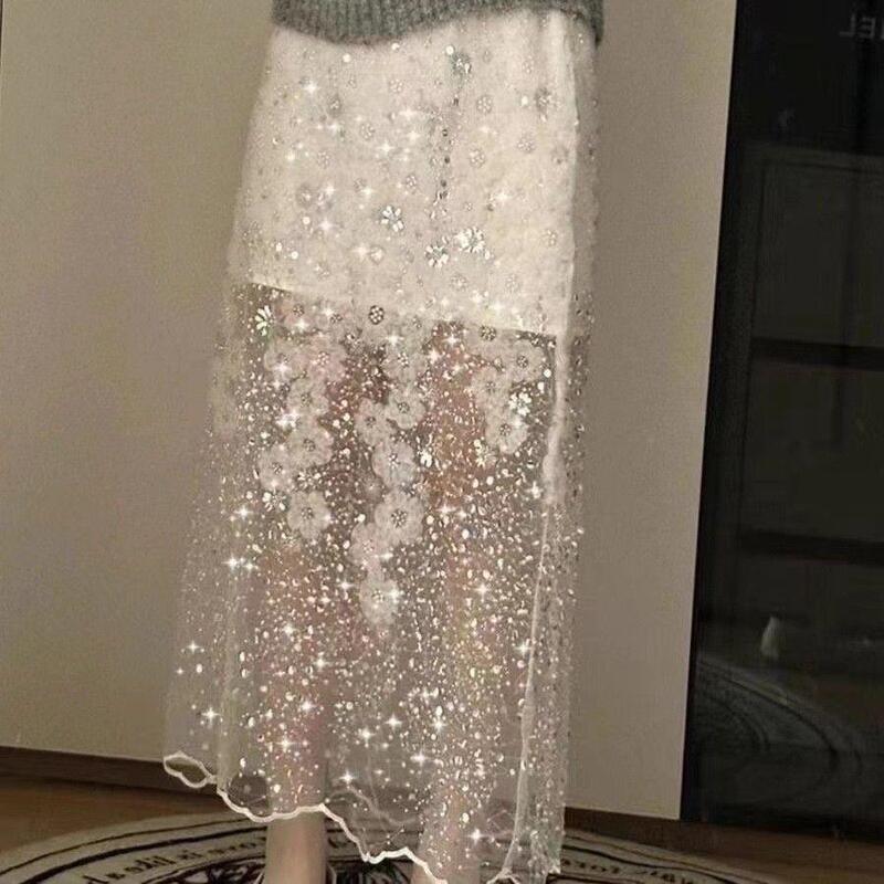 2026 New Style Heavy-Duty Beaded Sequin White Skirt for Women, Elegant and High-End Mesh Straight Long Skirt