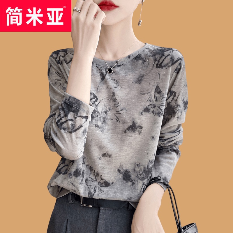 Autumn and Winter Mulberry Silk Thin Round-Neck Printed Long-Sleeve T-Shirt for Women, Stylish, Slimming, Covers the Body, Inner Layer, Large Size Top