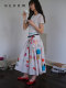 Contrast color waist-head full cotton A-swing umbrella skirt printed skirt