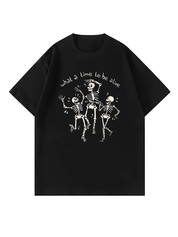 Vintage Skull Dancing Print Heavyweight T-Shirt Humorous Halloween Loose Half-Sleeve High Street American Style Pure Cotton Top