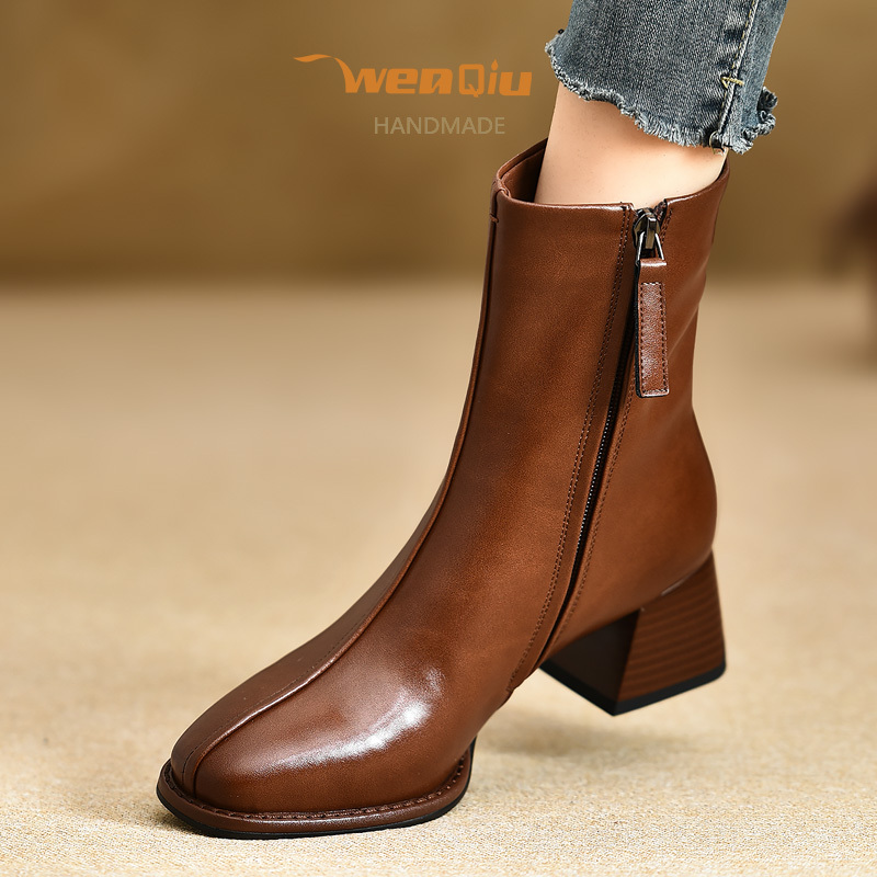 Wenqiu~ 5.5cm Square Toe Chunky Heel Short Boots Women's Cowhide High Heel Riding Boots Large Size 40.41.42 Martin Boots