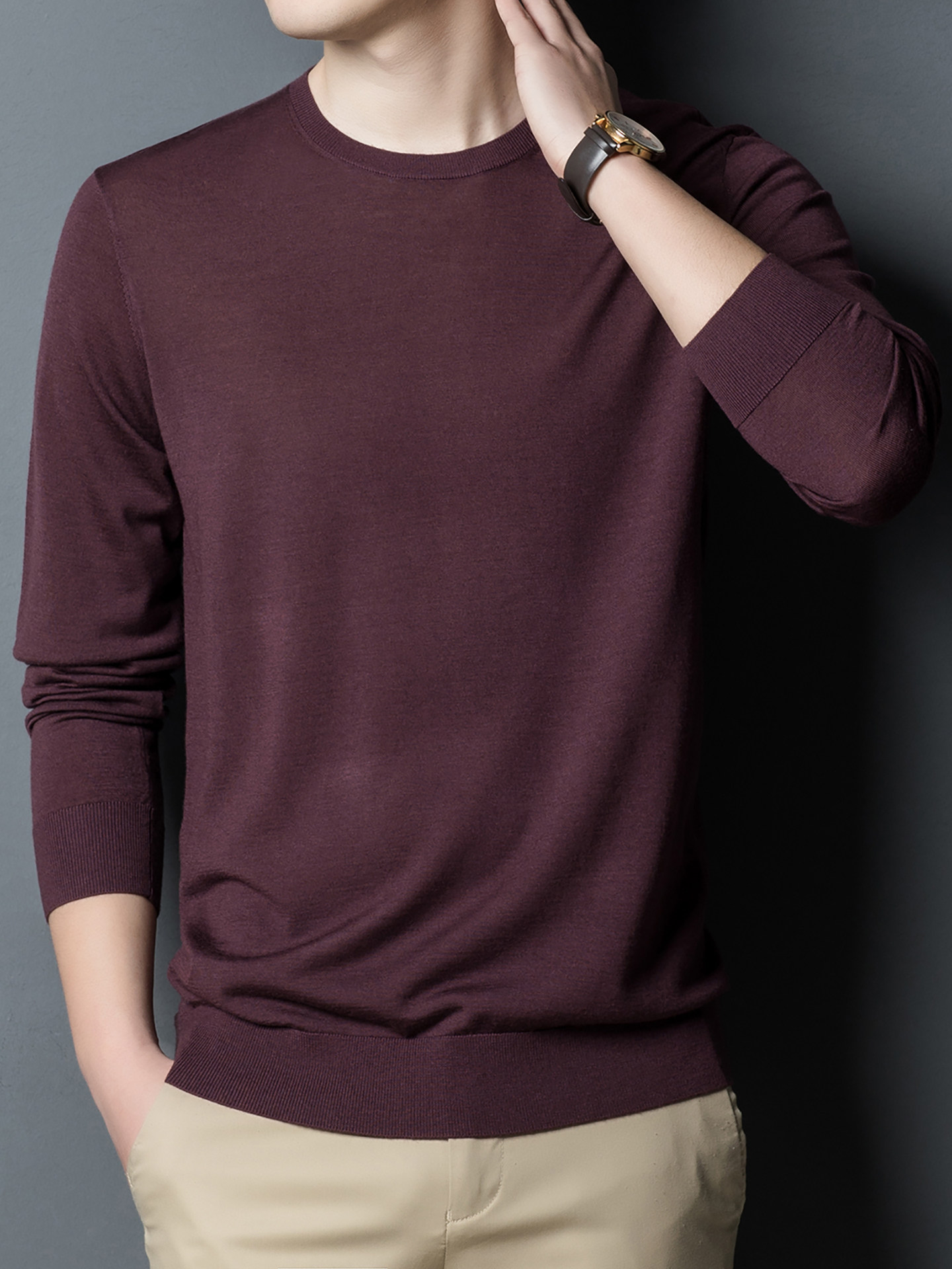 100-Count Fine-Spun Merino Pure Wool Sweater for Men, Round Neck, Long Sleeves, Soft and Snug Fit for Autumn and Winter, Non-Itchy Base Layer Knit Wool T-Shirt