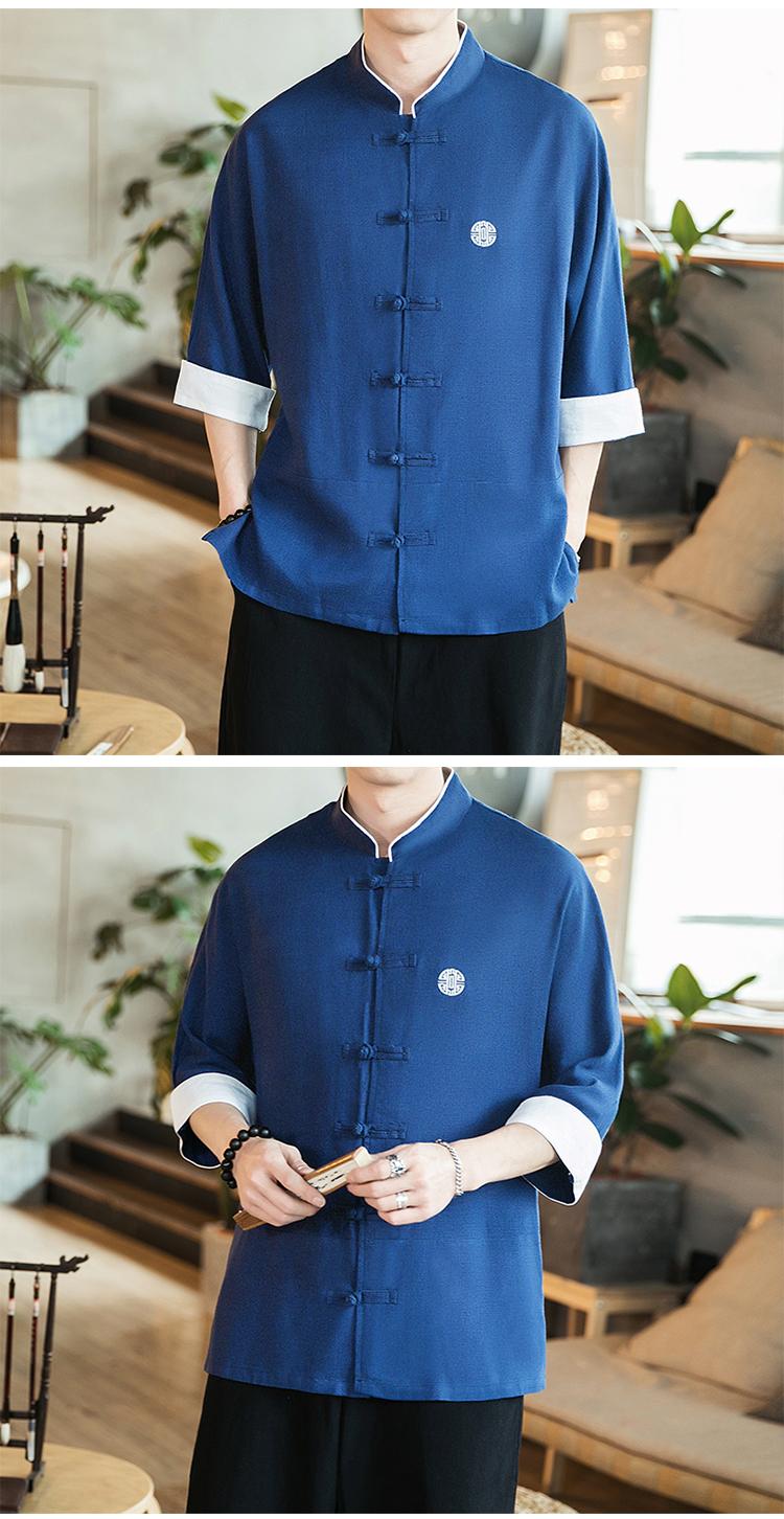 Quần áo nam phong cách Trung Quốc Phật theo phong cách retro quần áo lót cộng với phân bón XL áo ngắn tay đứng cổ áo béo - Cực lớn quần áo big size nam
