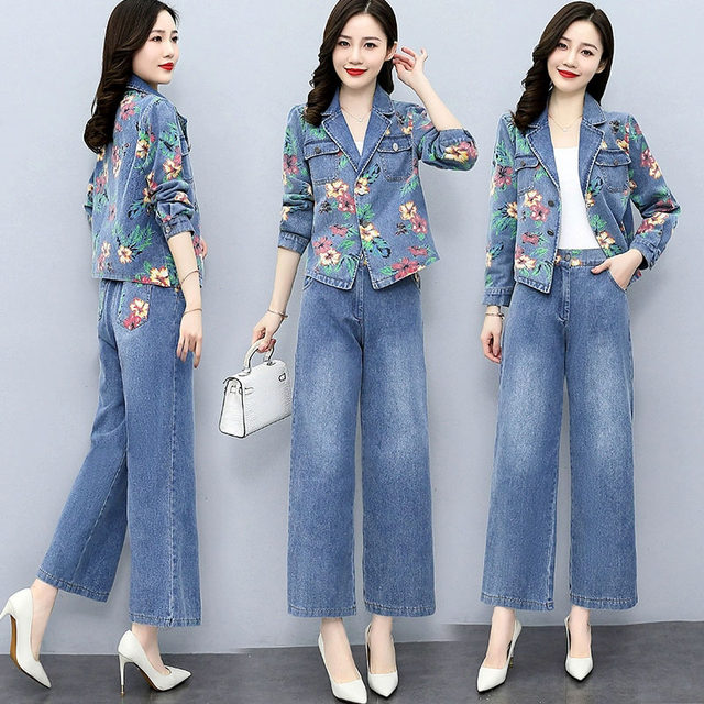 Denim suit spring and autumn 2022 new celebrity temperament fashion goddess Fan foreign style fashionable wide-leg pants two-piece suit